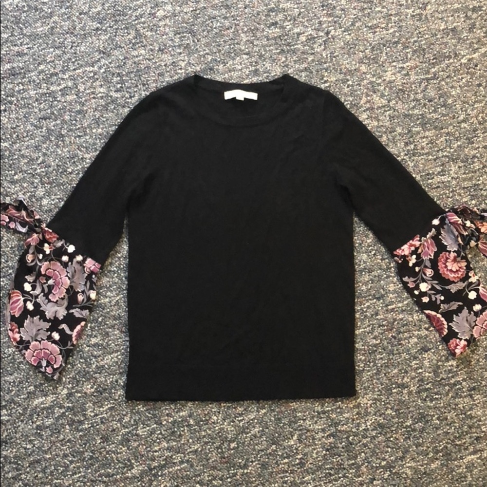 Black Loft sweater with floral tie sleeves